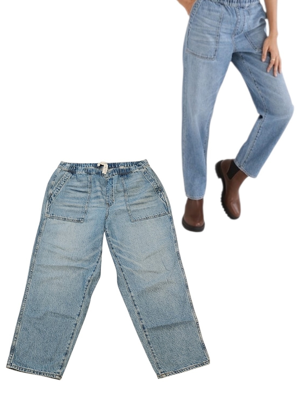 NWT Madewell Beswick Wash Pull-On Relaxed Straight Leg Jeans Elastic Waist Large